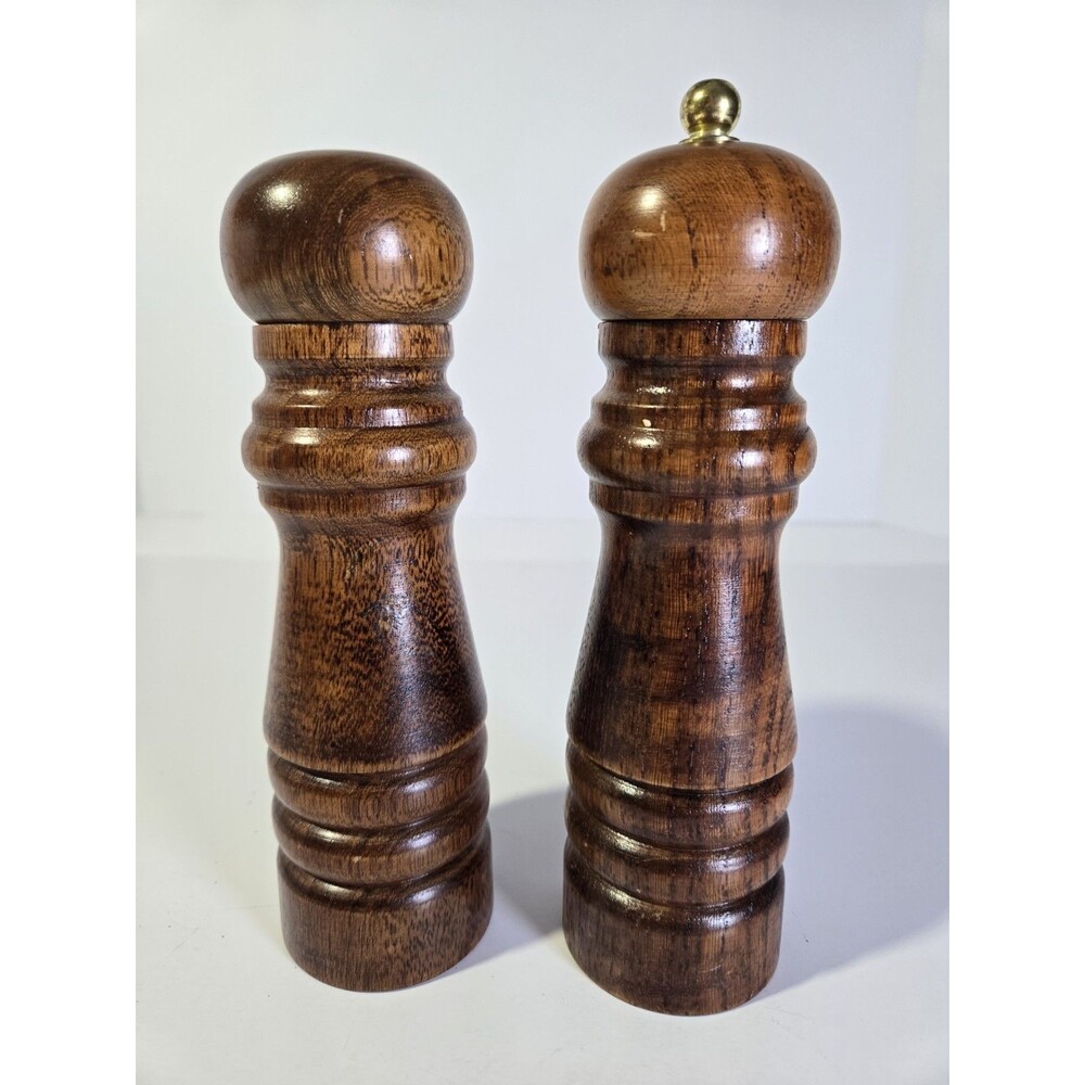 Vintage M Lucas Wood Salt Shaker Pepper Grinder Set 7" Forged Steel Gear